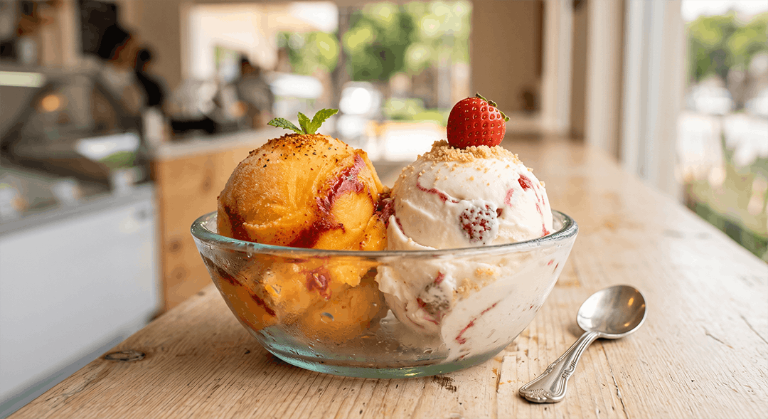 Un primer plano de un tazón de helado con dos sabores: mango y fresa. El helado de mango está decorado con chamoy y Tajín, y el helado de fresa está decorado con trozos de fresa y galletas trituradas. En el fondo, hay una heladería borrosa.